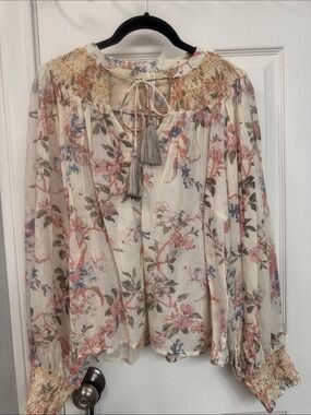Anthropologie Floral Smocked Neck Peasant Blouse - Cream/Pink